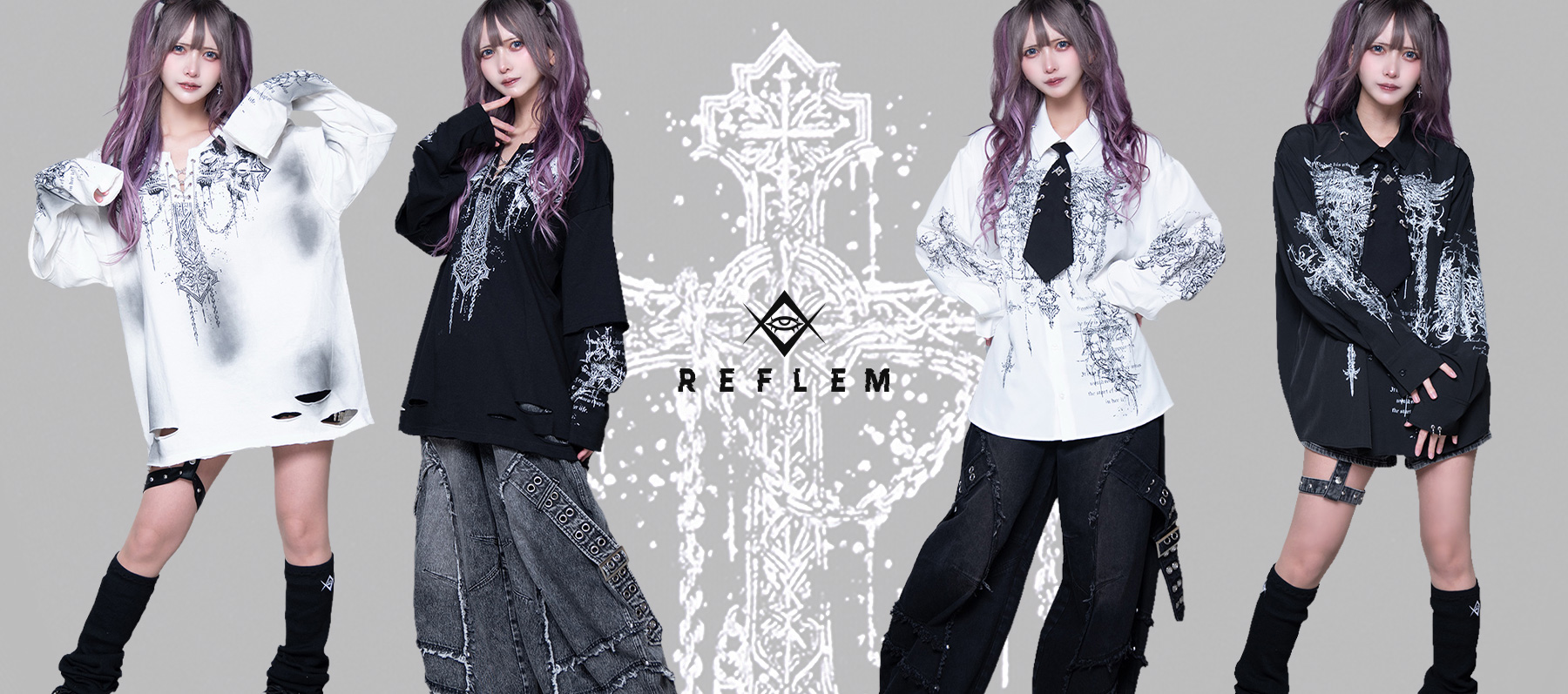REFLEM【レフレム】スカルグランジレイヤーロンT＆ネクタイ付プリント長袖シャツ