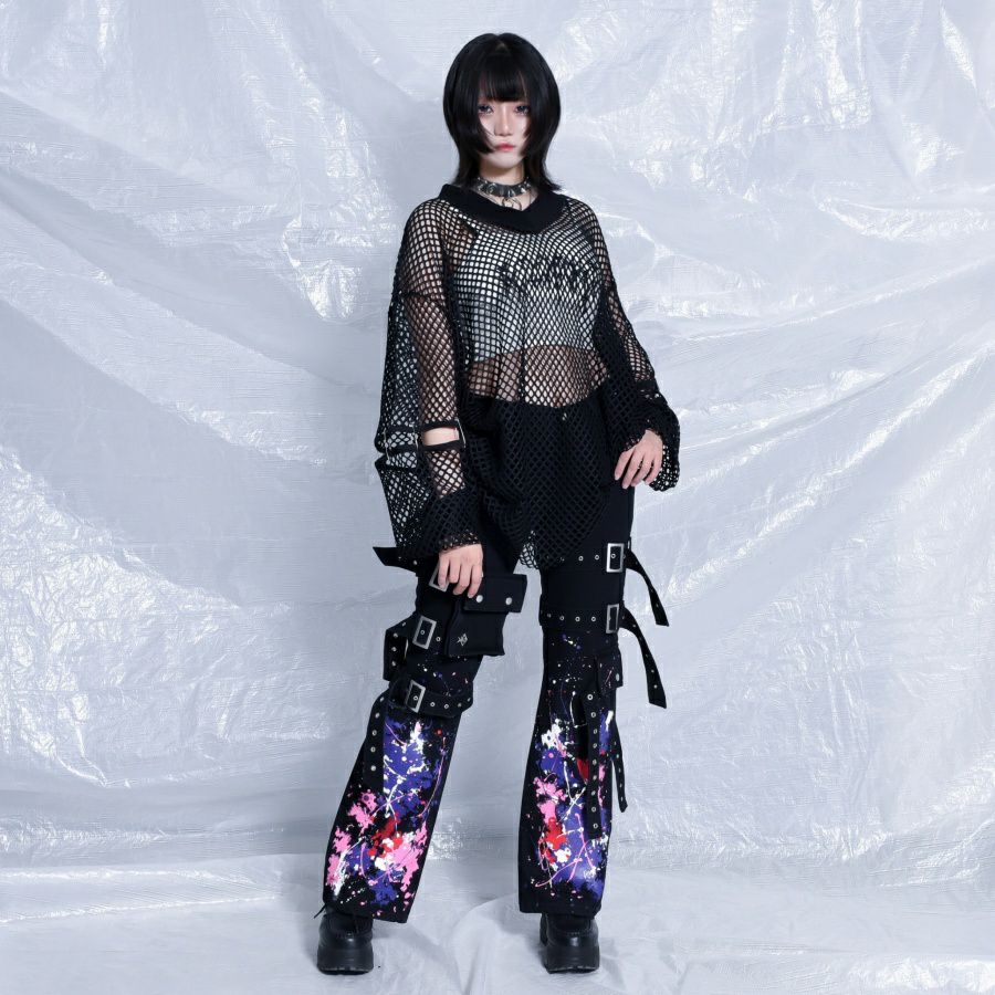 REFLEM【レフレム】ペイント加工ベルト付フレアシルエットカーゴパンツ