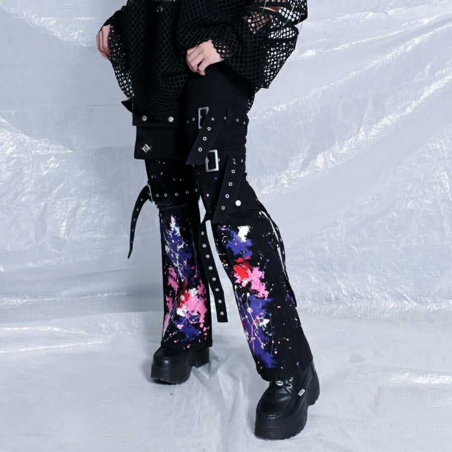 REFLEM【レフレム】ペイント加工ベルト付フレアシルエットカーゴパンツ