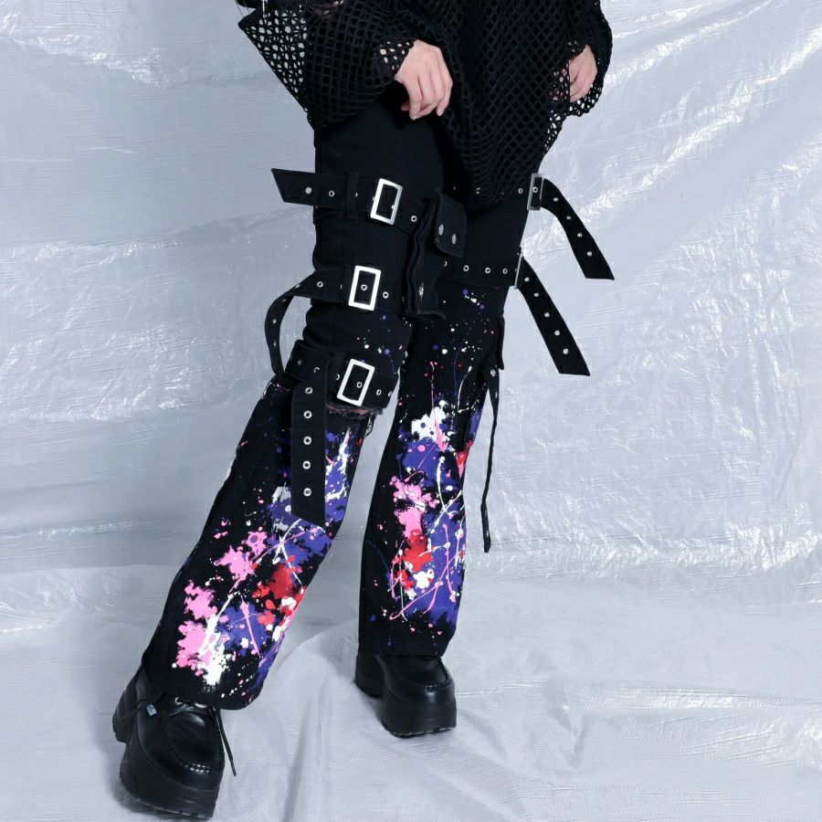 REFLEM【レフレム】ペイント加工ベルト付フレアシルエットカーゴパンツ