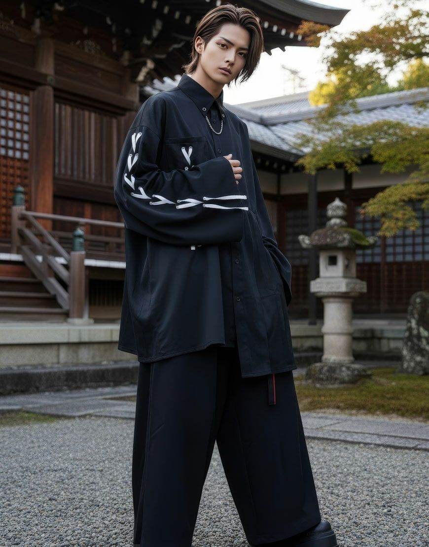 【値下げ】AdaNous【アダナス】 mixed-material shirt AdaNous【アダナス】亜陀那珠 陰陽レースアップシャツ/全2色