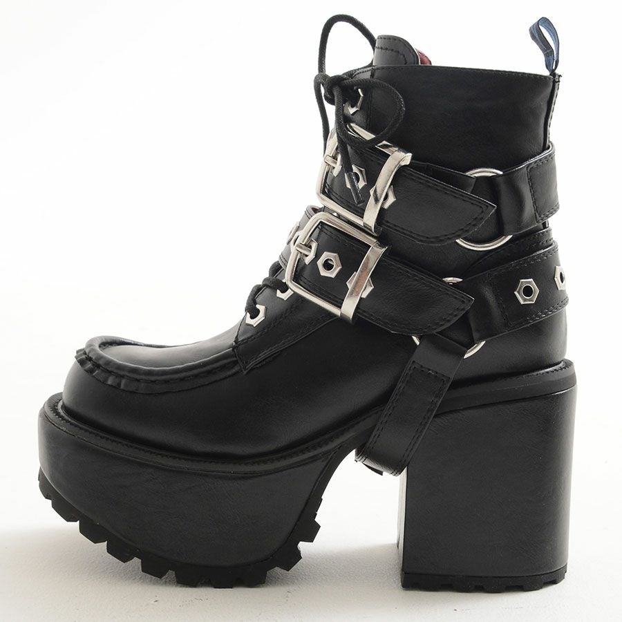 限定品 YOSUKE ヨースケ 厚底 地雷 レースアップ ロングブーツ ベルト YOSUKE【ヨースケ】レディースベルトレースアップ厚底ブーツ/全1色