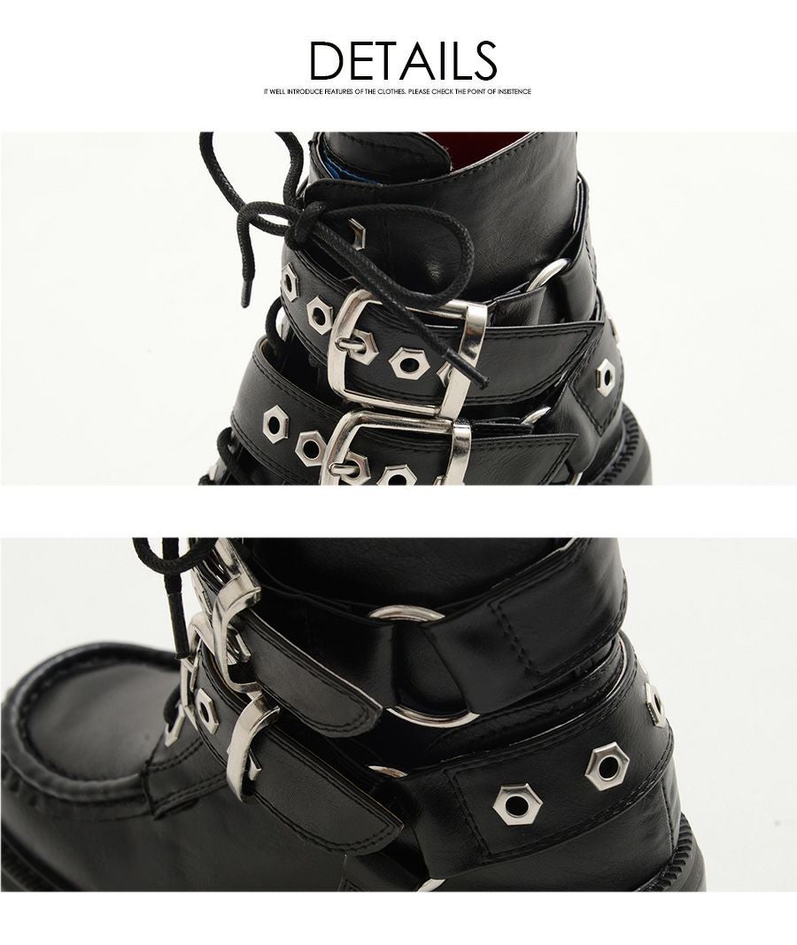 YOSUKE【ヨースケ】レディースベルトレースアップ厚底ブーツ/全1色