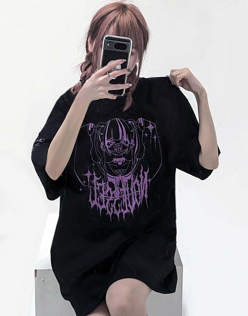 NOVESSEL【ノベセル】マスク地雷イラストプリント半袖Tシャツ/全2色