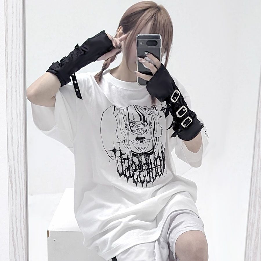 NOVESSEL【ノベセル】マスク地雷イラストプリント半袖Tシャツ/全2色