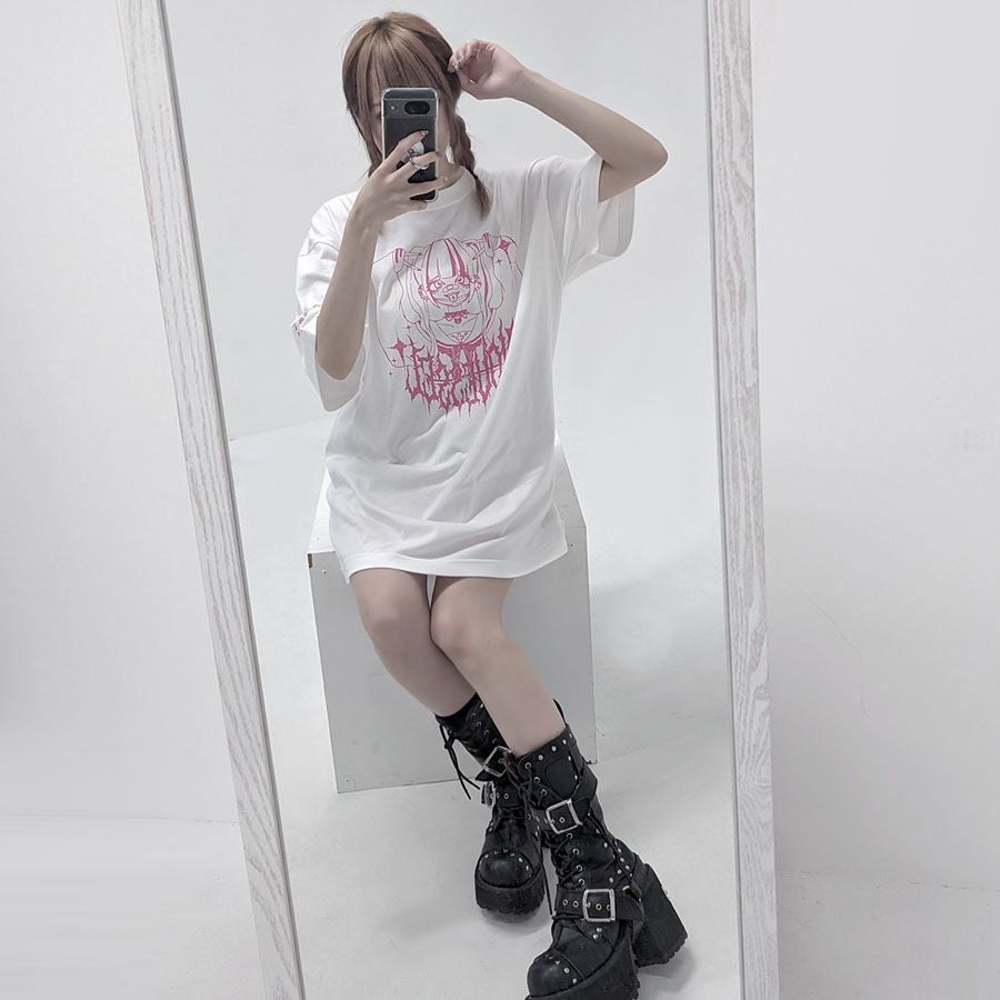 NOVESSEL【ノベセル】マスク地雷イラストプリント半袖Tシャツ/全2色