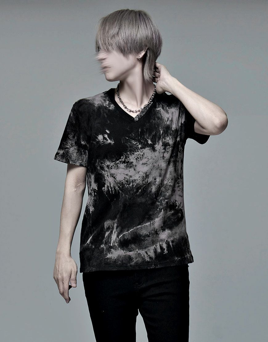 Bernings Sho【バーニングショー】ムラ染めテレコ半袖VネックTシャツ/全2色