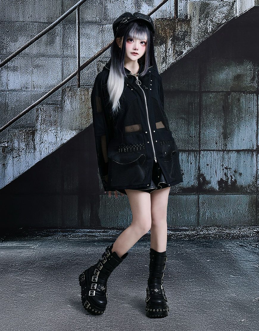 ililil【イルイルイル】Chainmailリブ切り替えメッシュパーカー/全1色 ililil【イルイルイル】Chainmailリブ切り替えメッシュパーカー/全1色