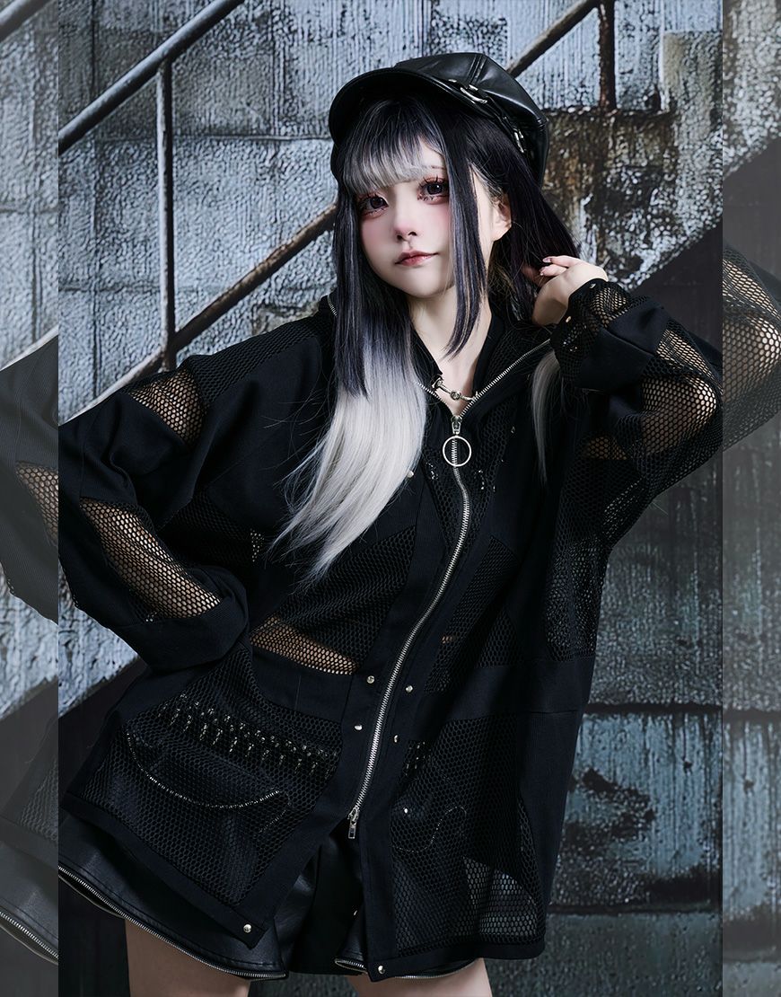 ililil【イルイルイル】Chainmailリブ切り替えメッシュパーカー/全1色