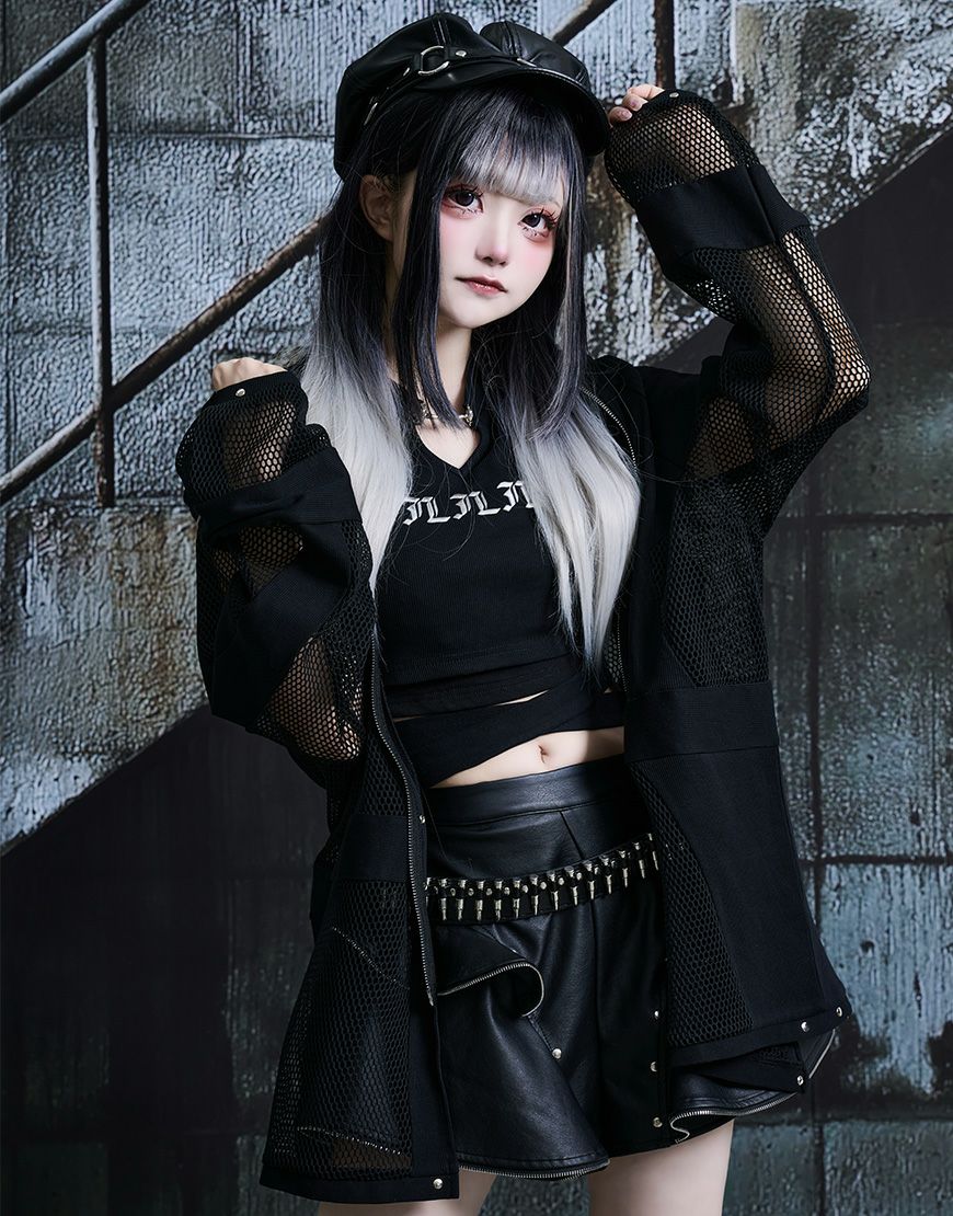 【希少レア】HYS KILL LIGHT パーカー ダメージ加工 レース付き ililil【イルイルイル】Chainmailリブ切り替えメッシュパーカー/全1色