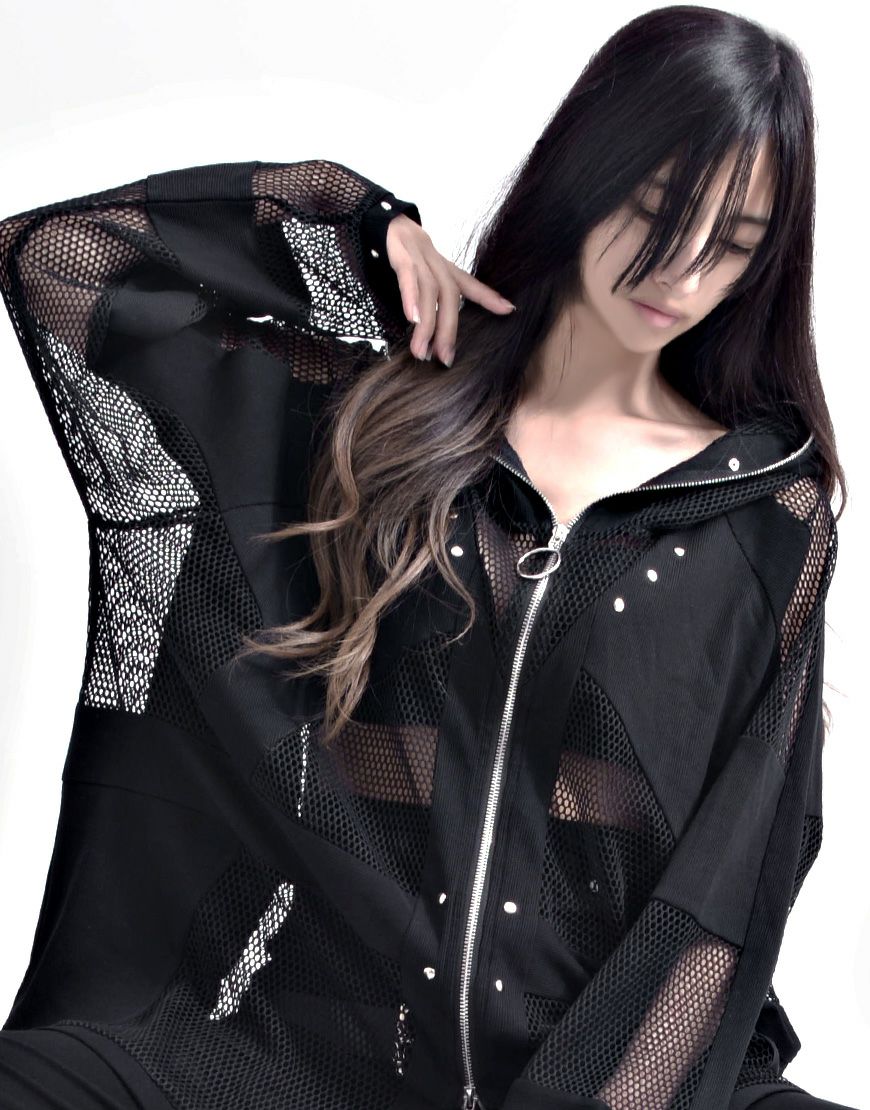 ililil【イルイルイル】Chainmailリブ切り替えメッシュパーカー/全1色