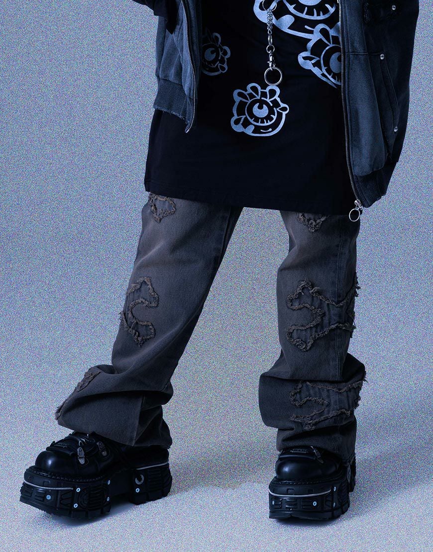 Gamchu【ガムチュ】廃YESど度 パッチワーク加工フレアデニムパンツ/全2色