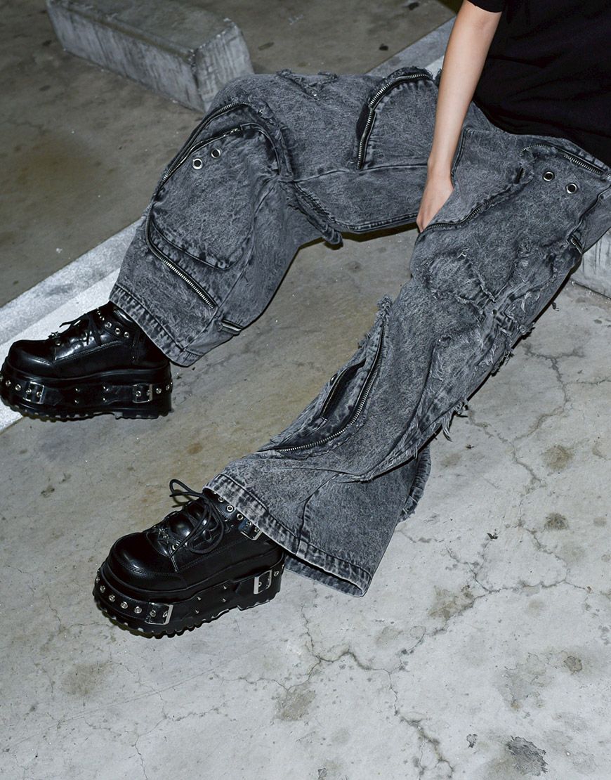 REFLEM【レフレム】クロスパッチ切り替えワイドデニムパンツ/全2色