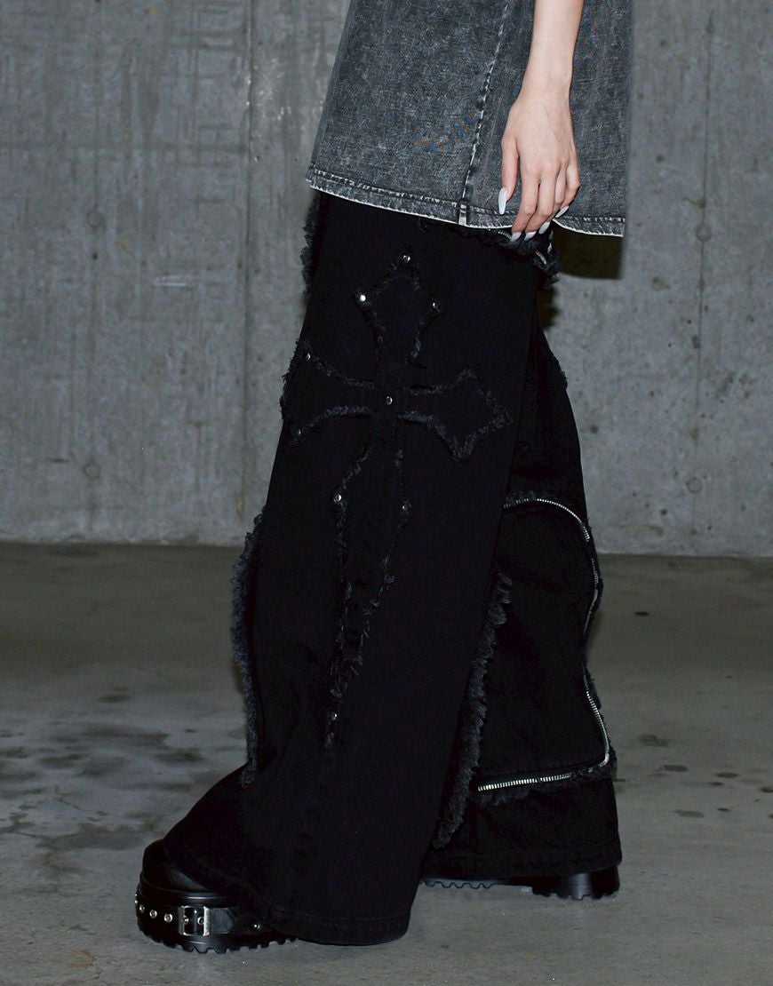 REFLEM【レフレム】クロスパッチ切り替えワイドデニムパンツ/全2色