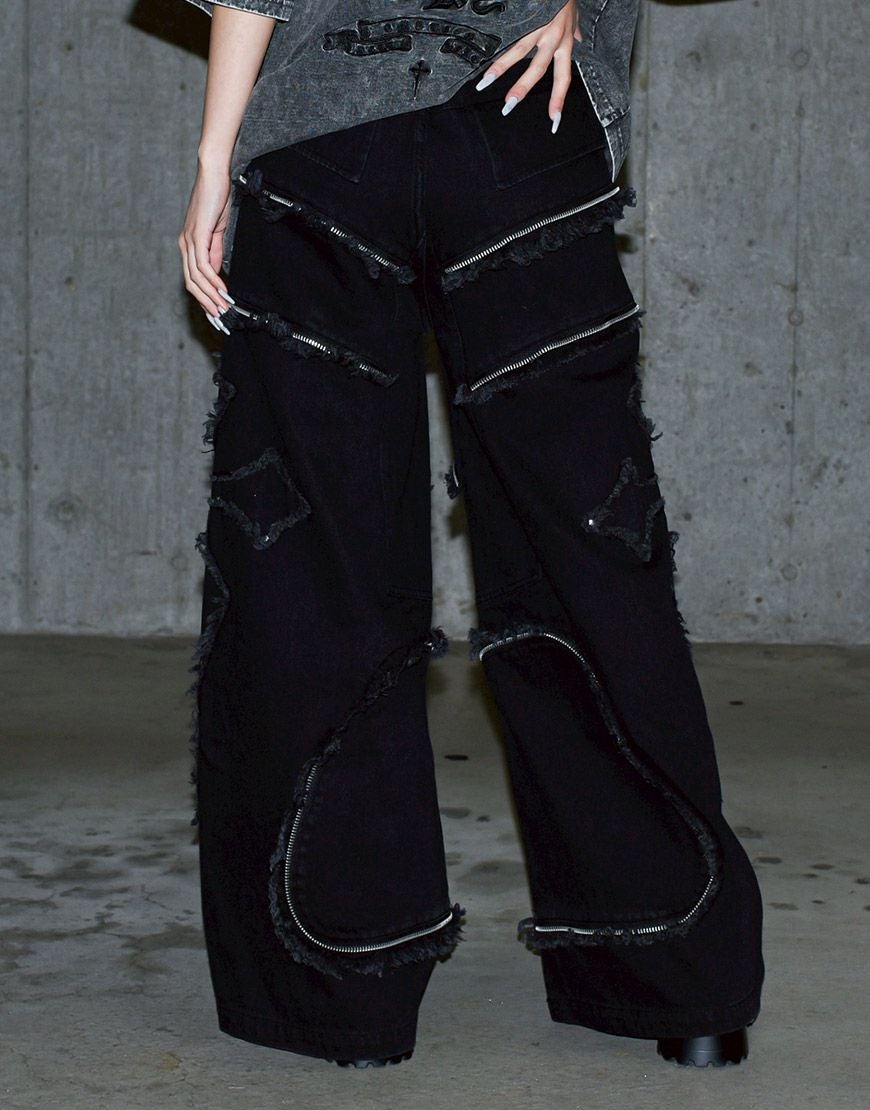 REFLEM【レフレム】クロスパッチ切り替えワイドデニムパンツ/全2色