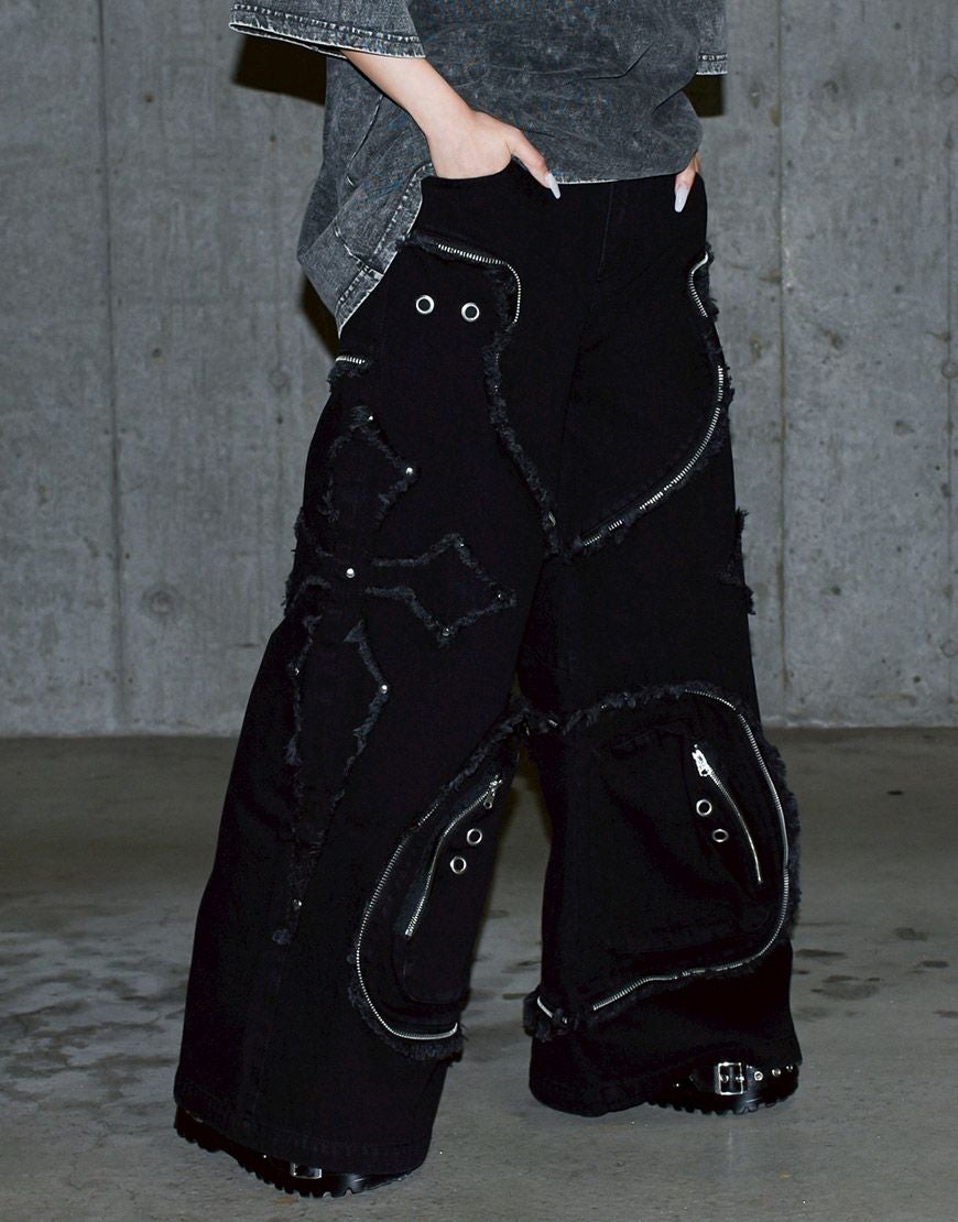 REFLEM【レフレム】クロスパッチ切り替えワイドデニムパンツ/全2色