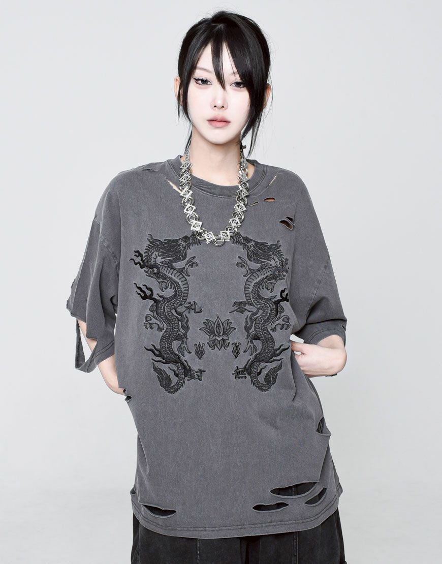 REFLEM【レフレム】ドラゴン刺繍ダメージ半袖Tシャツ/全3色