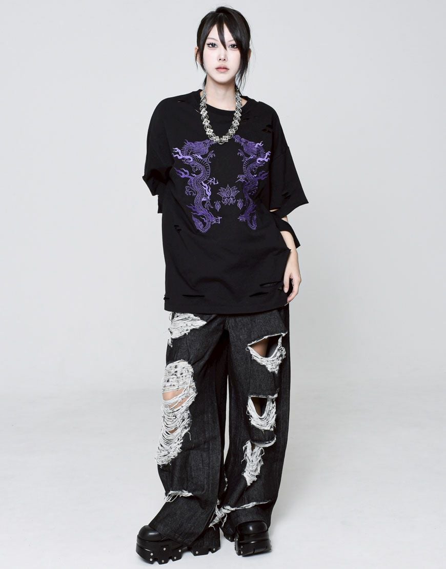 REFLEM【レフレム】ドラゴン刺繍ダメージ半袖Tシャツ/全3色