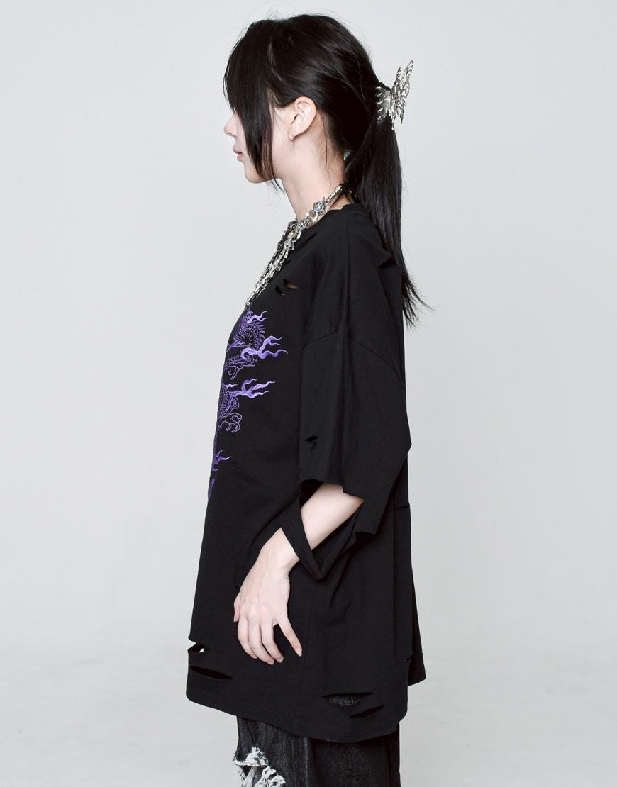 REFLEM【レフレム】ドラゴン刺繍ダメージ半袖Tシャツ/全3色