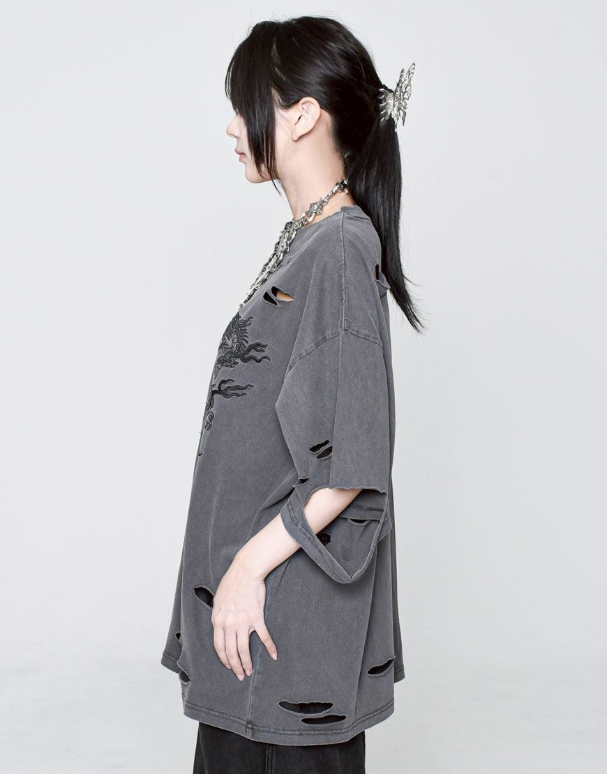 REFLEM【レフレム】ドラゴン刺繍ダメージ半袖Tシャツ/全3色