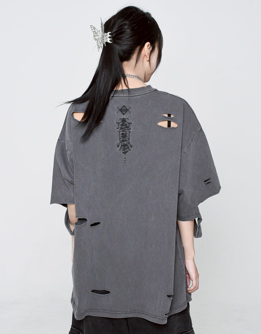 REFLEM レフレム クロス刺繍半袖Tシャツ グレー REFLEM（レフレム） tシャツ 「REFLEM/レフレム」クロス刺繍ダメージT
