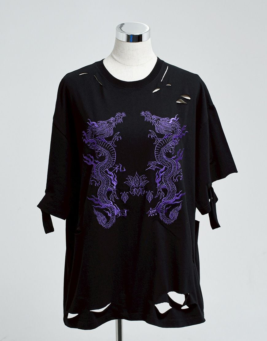 REFLEM【レフレム】ドラゴン刺繍ダメージ半袖Tシャツ/全3色