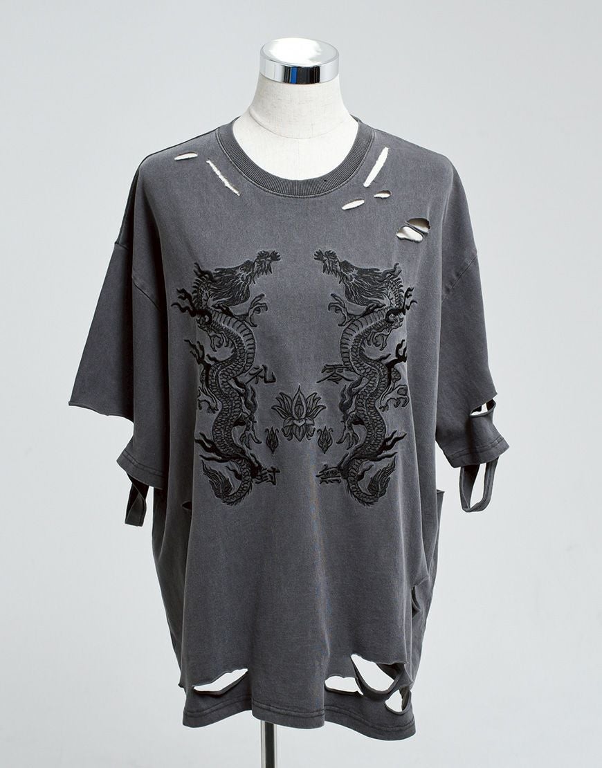 REFLEM【レフレム】ドラゴン刺繍ダメージ半袖Tシャツ/全3色