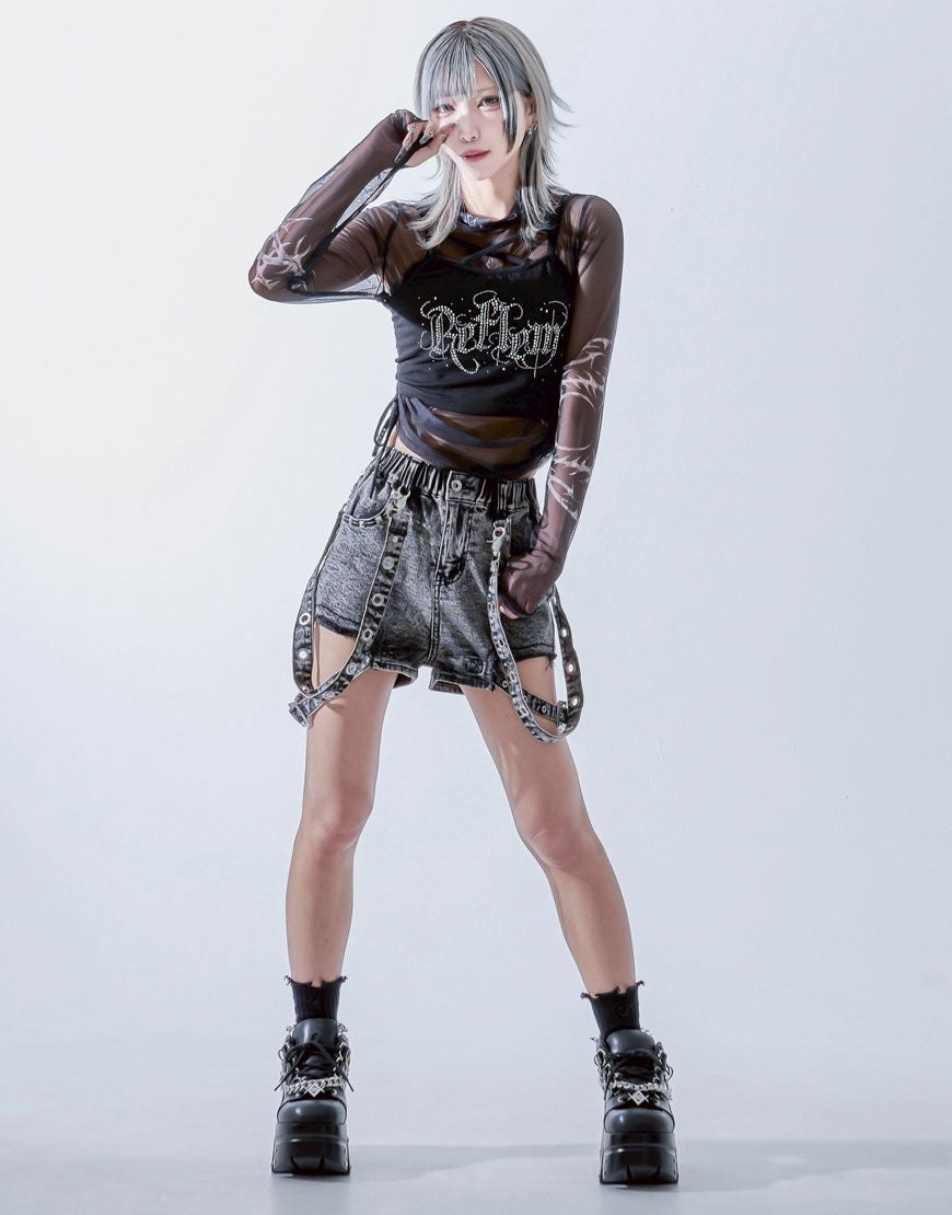 REFLEM【レフレム】サイドベルト付スタッズデニムショートパンツ/全2色