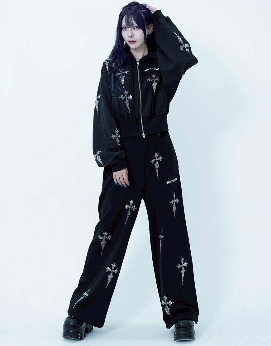 REFLEM【レフレム】ラインストーンクロス総柄長袖クロップドジップ