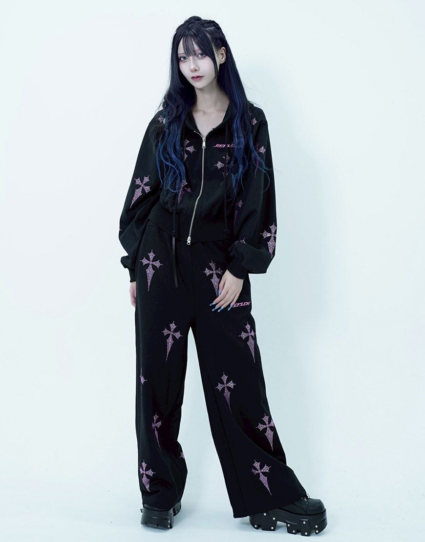 REFLEM【レフレム】ラインストーンクロス総柄長袖クロップドジップ