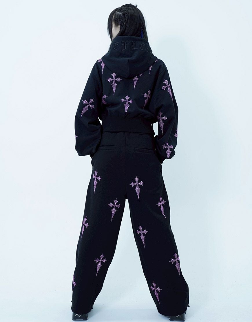 REFLEM【レフレム】ラインストーンクロス総柄長袖クロップドジップ