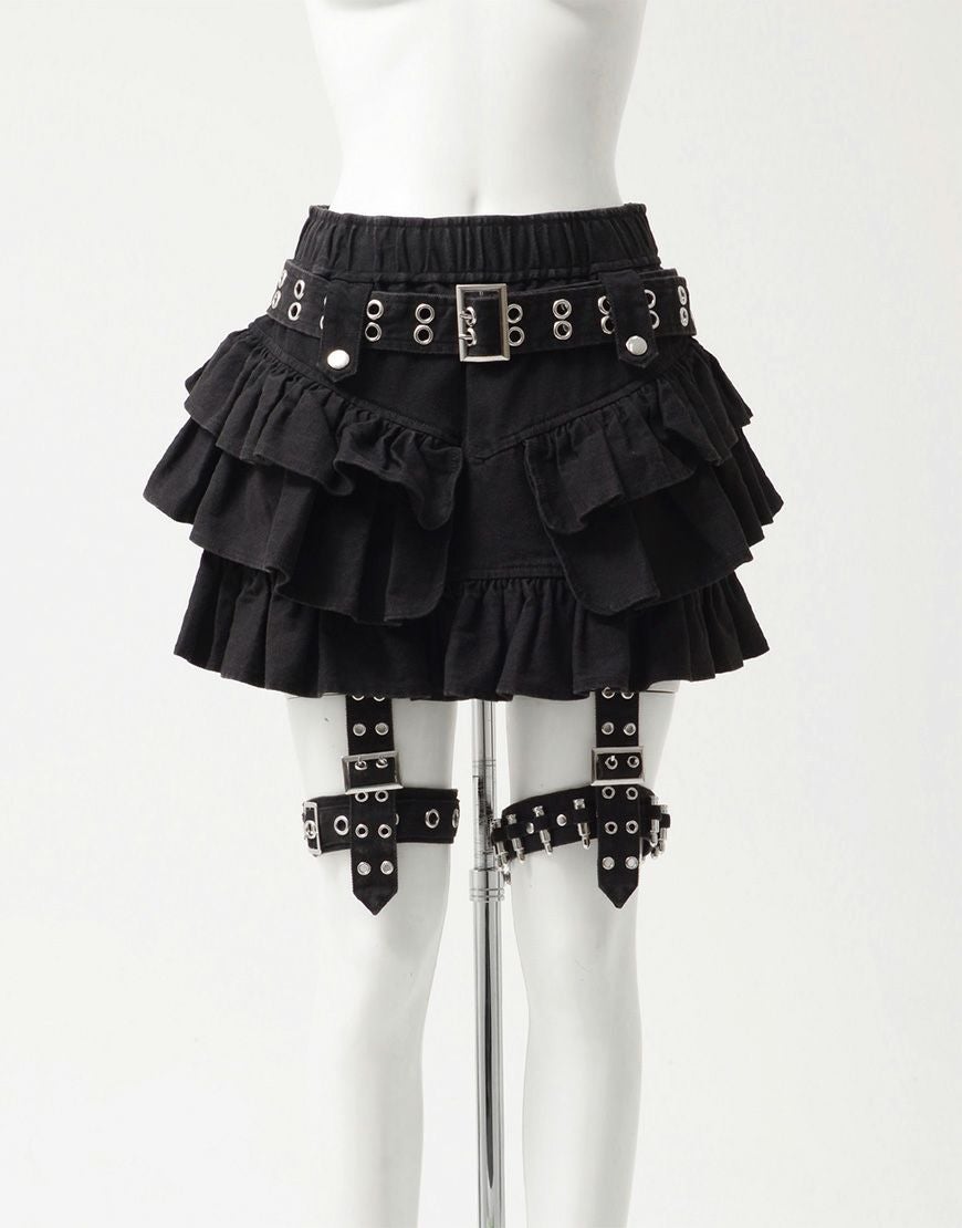 レフレム スカート REFLEM【レフレム】ベルト付きカーゴデニムフリルスカート/全2色