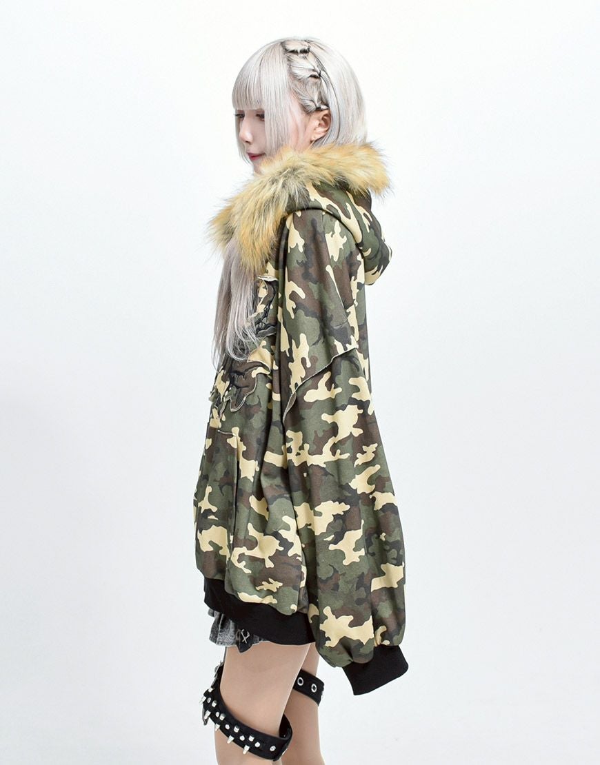 REFLEM【レフレム】ファー付き総柄ジップパーカー/全3色