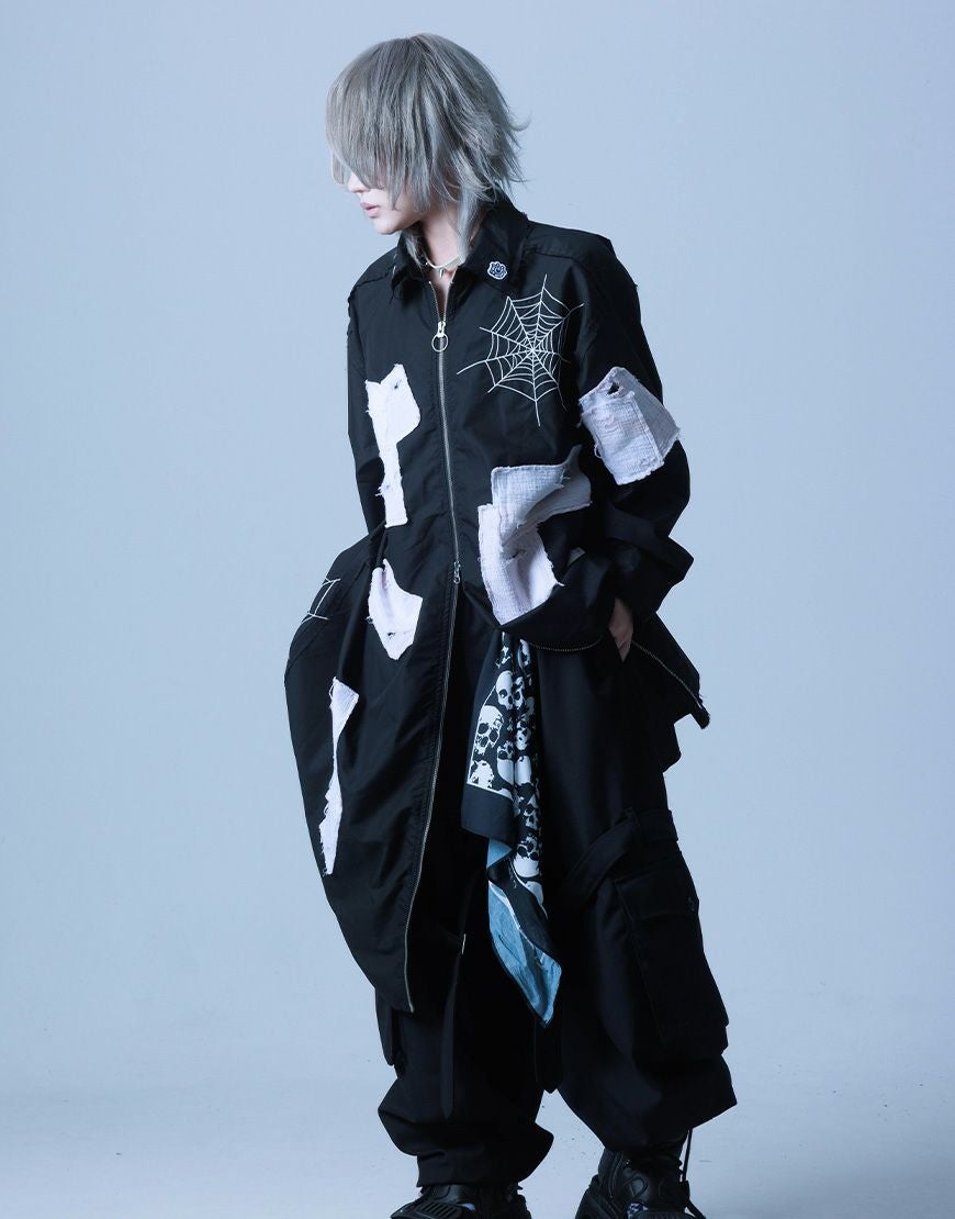 Gamchu クモの巣刺繍 パッチワーク 長袖シャツ ブラック Gamchu【ガムチュ】Ghazero/ガゼロ Gauze Patch Long Zip Shirt/全2色