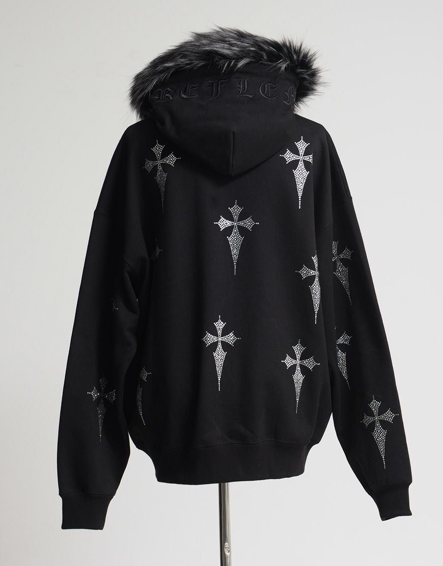 REFLEM【レフレム】ファー付きラインストーンクロス総柄長袖ジップ