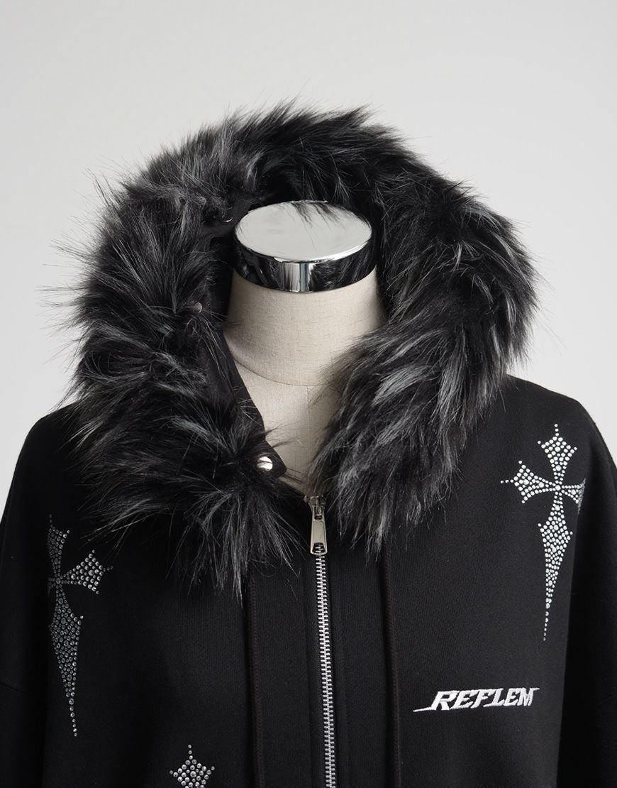 REFLEM【レフレム】ファー付きラインストーンクロス総柄長袖ジップ