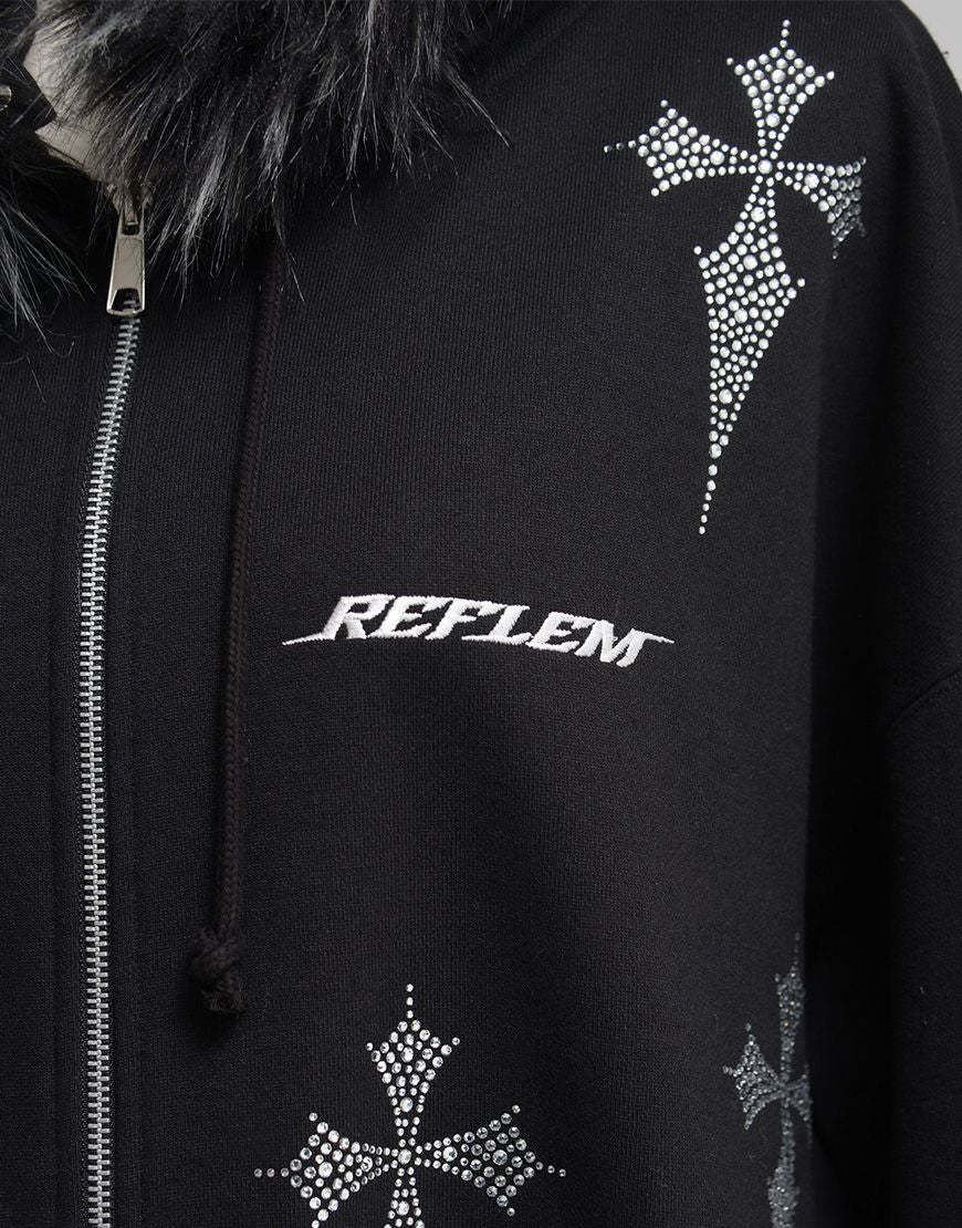REFLEM【レフレム】ファー付きラインストーンクロス総柄長袖ジップ
