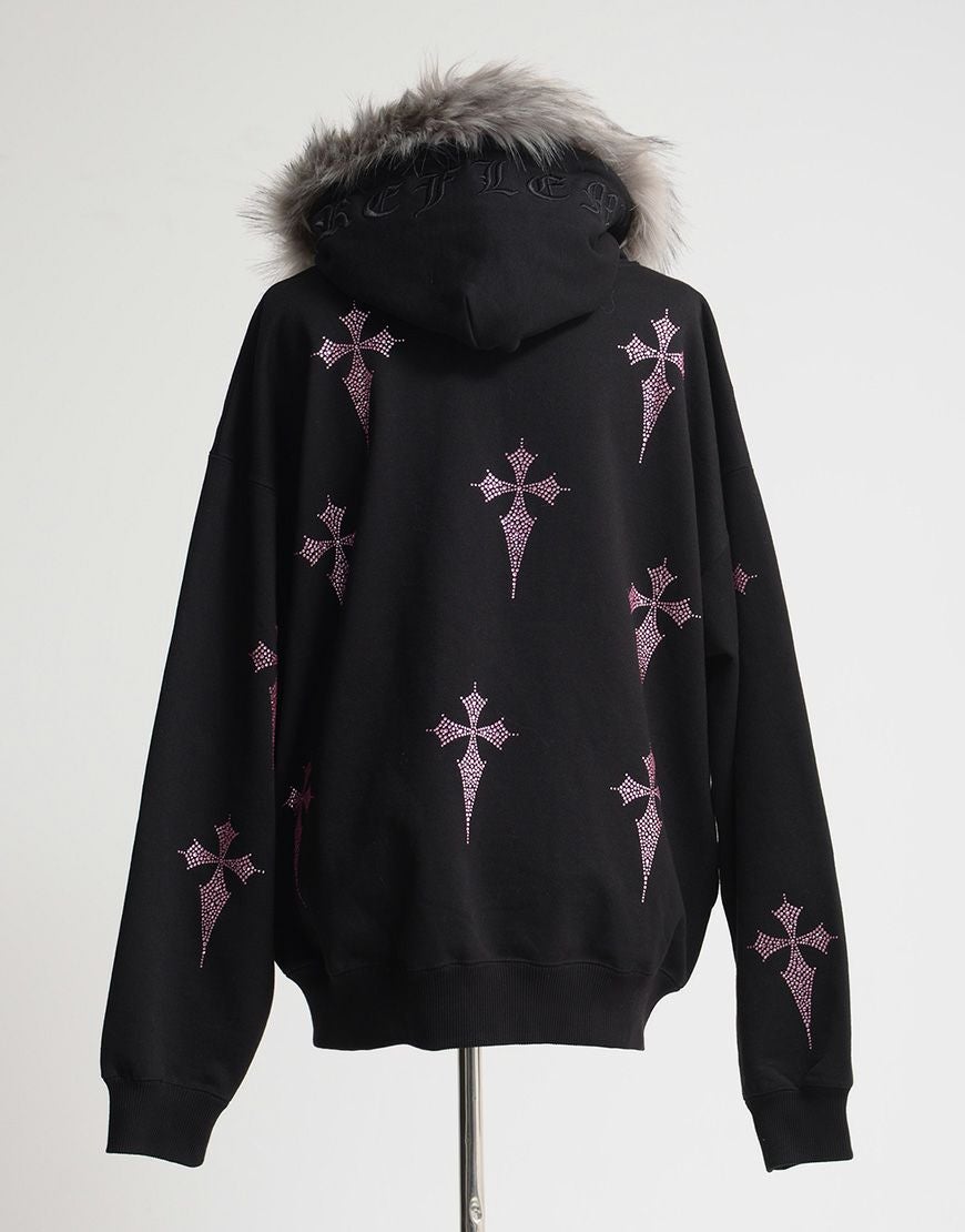 REFLEM【レフレム】ファー付きラインストーンクロス総柄長袖ジップ