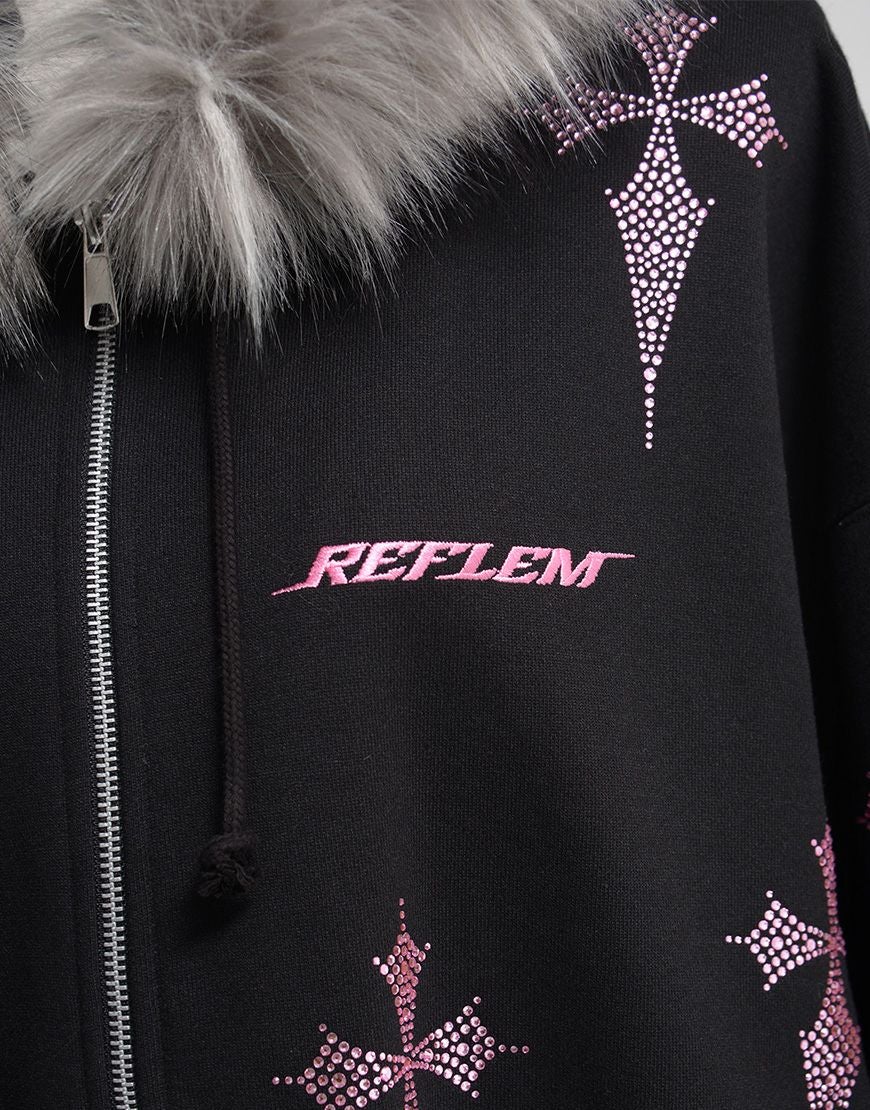 REFLEM【レフレム】ファー付きラインストーンクロス総柄長袖ジップ