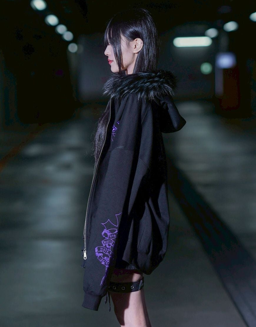 REFLEM【レフレム】ファー付きクロス刺繍ジップアップパーカー/全3色