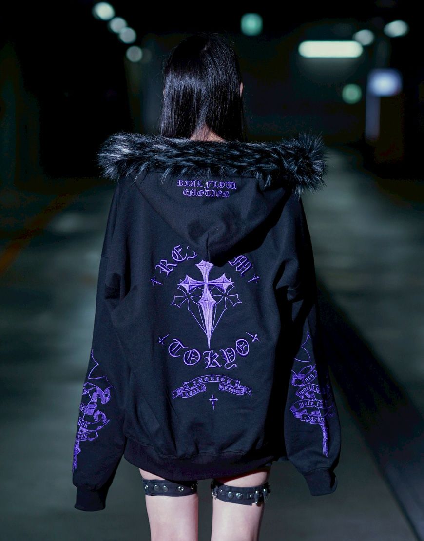 REFLEM【レフレム】ファー付きクロス刺繍ジップアップパーカー/全3色