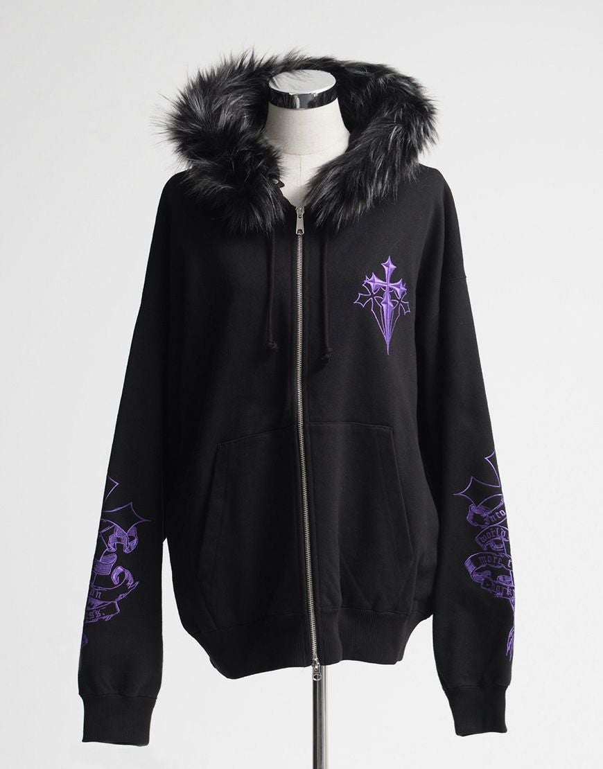 REFLEM【レフレム】ファー付きクロス刺繍ジップアップパーカー/全3色