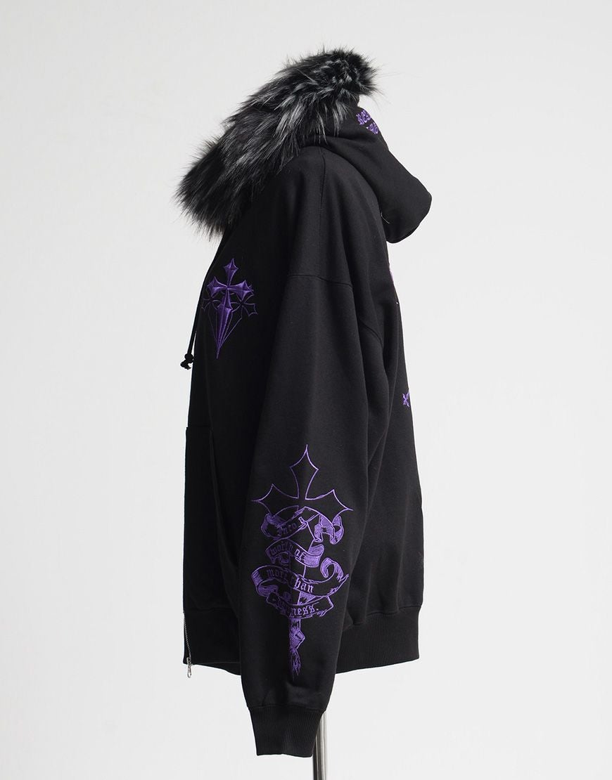 REFLEM【レフレム】ファー付きクロス刺繍ジップアップパーカー/全3色