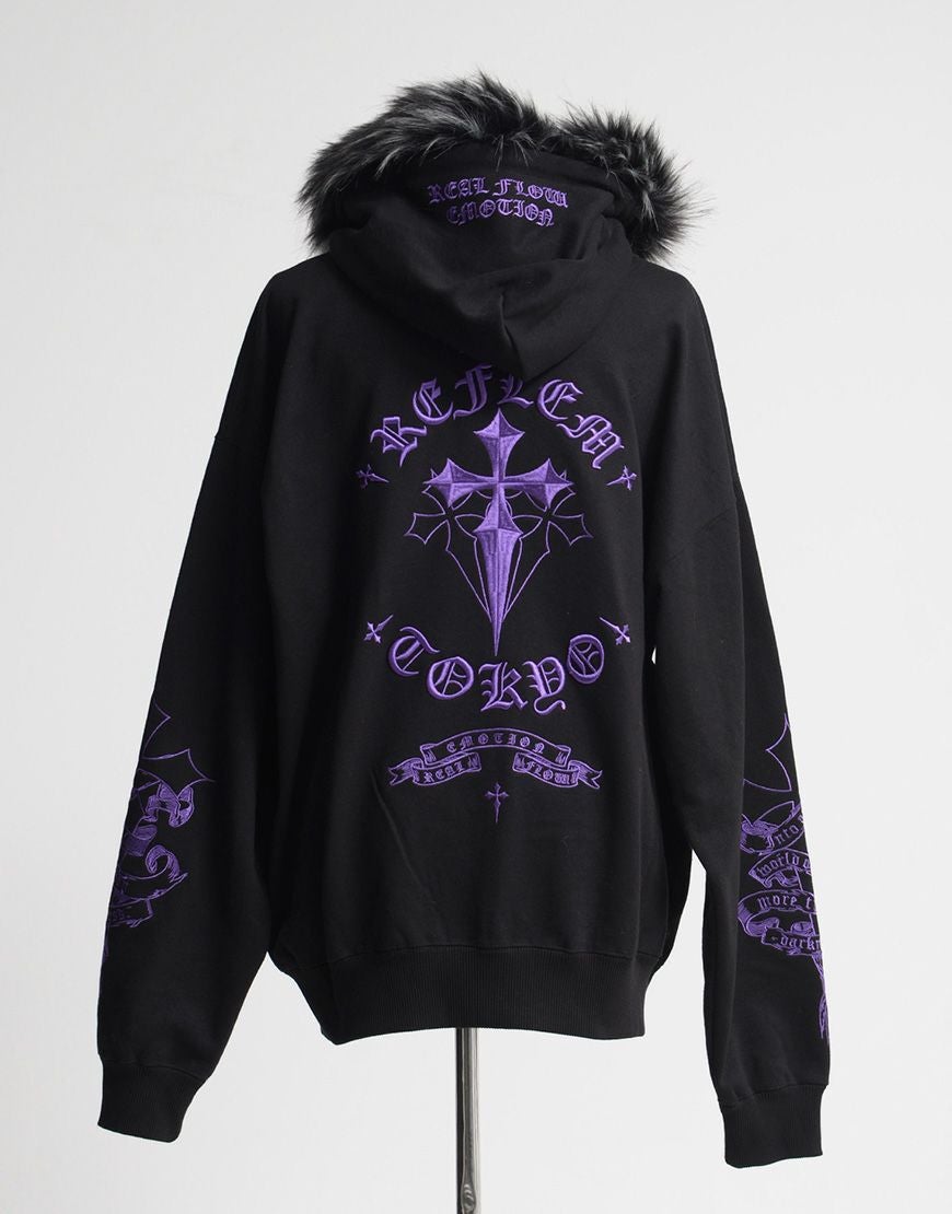 REFLEM【レフレム】ファー付きクロス刺繍ジップアップパーカー/全3色