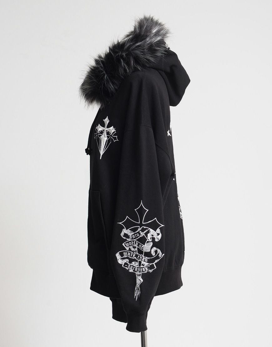 REFLEM【レフレム】ファー付きクロス刺繍ジップアップパーカー/全3色