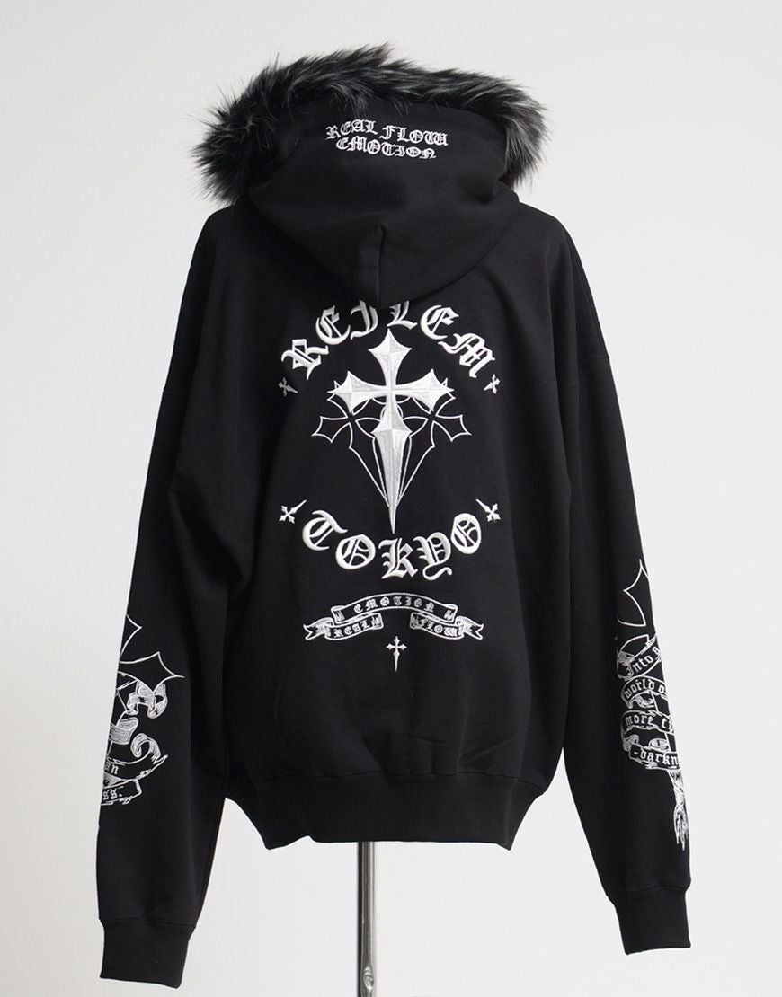 REFLEM【レフレム】ファー付きクロス刺繍ジップアップパーカー/全3色