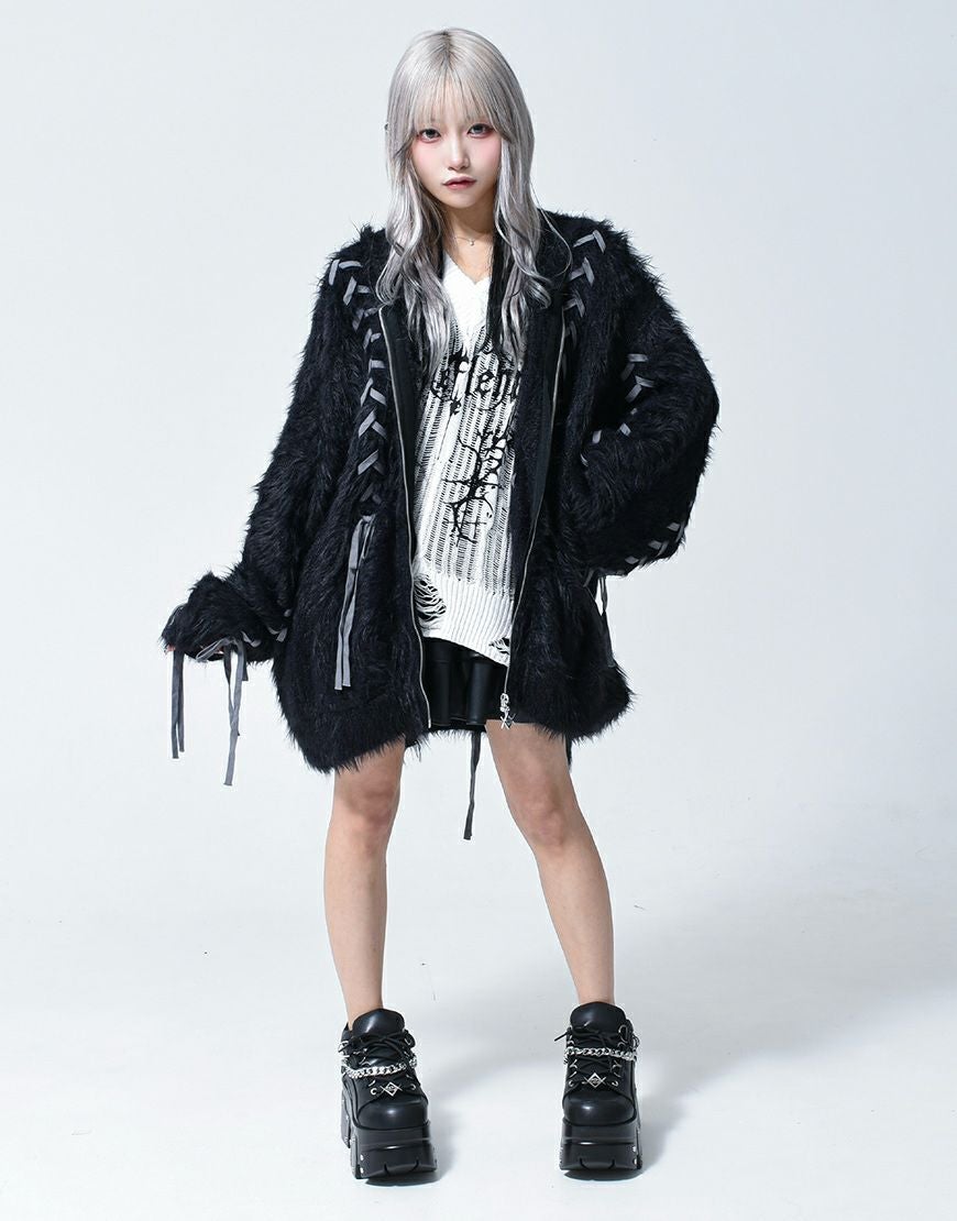 REFLEM【レフレム】うさ耳フェザーヤーンニットジップパーカー ホワイト REFLEM（レフレム） パーカー 「REFLEM/レフレム」ファー付きうさ耳ZIP