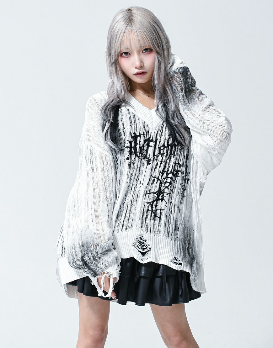 REFLEM【レフレム】グラフィックダメージVネックニットプルオーバー/全2色
