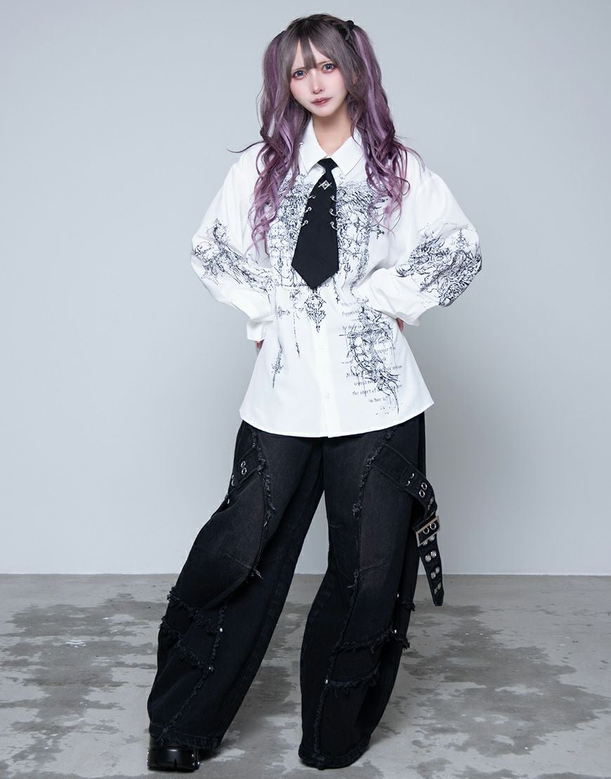 REFLEM【レフレム】 ネクタイ付プリント長袖シャツ white REFLEM【レフレム】 ネクタイ付プリント長袖シャツ/全2色