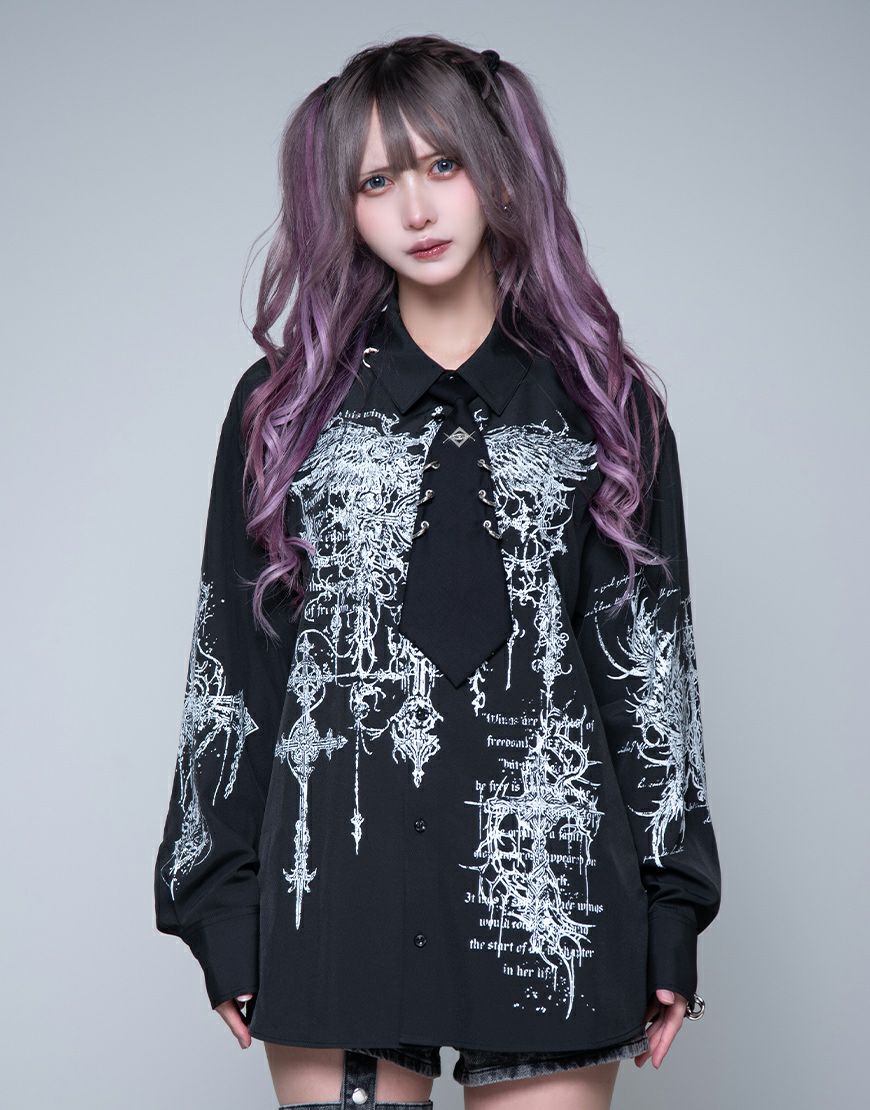 REFLEM【レフレム】 ネクタイ付プリント長袖シャツ/全2色